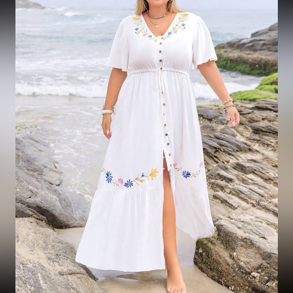 Boho Plus Size Floral Embroidered Button Down Short Sleeve Maxi Dress  White - Picture 6 of 6